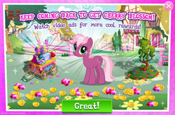 Size: 1962x1298 | Tagged: safe, derpibooru import, idw, cherry blossom (idw), earth pony, pony, advertisement, bush, cart, cherry, coin, english, female, flower, food, gameloft, gem, idw showified, mare, official, solo, solo focus, text, tree