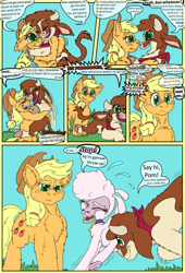 Size: 1080x1584 | Tagged: safe, artist:firefanatic, derpibooru import, applejack, arizona cow, pom lamb, cow, earth pony, lamb, sheep, them's fightin' herds, calf, community related, crying, cute, dialogue, distressed, fanart, hug, pushing, talking, video game