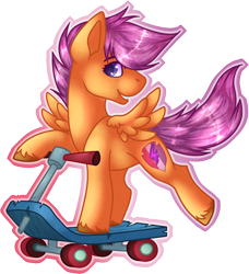 Size: 2306x2529 | Tagged: safe, artist:chvrchgrim, derpibooru import, apple bloom, scootaloo, sweetie belle, pegasus, pony, cute, cutealoo, cutie mark crusaders, fanart, female, filly, foal, scooter, simple background, small wings, smiling, transparent background, wings, young