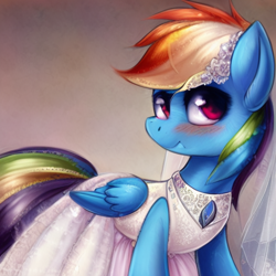 Size: 512x512 | Tagged: safe, derpibooru import, machine learning generated, rainbow dash, pegasus, pony, blushing, clothes, dress, looking at you, slim, solo, wedding dress