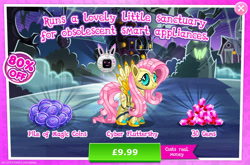 Size: 1960x1296 | Tagged: safe, derpibooru import, fluttershy, pegasus, pony, robot, robot pony, advertisement, antennae, costs real money, english, female, flutterbot, gameloft, gem, magic coins, mare, monitor, numbers, official, roboticization, sale, solo, solo focus, spread wings, text, tree, wings