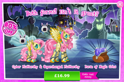Size: 1953x1298 | Tagged: safe, derpibooru import, fluttershy, pegasus, pony, robot, robot pony, advertisement, antennae, costs real money, duality, english, female, flutterbot, gameloft, height difference, magic coins, mare, monitor, numbers, official, roboticization, sale, solo, solo focus, spread wings, text, tree, wings
