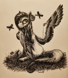 Size: 2849x3267 | Tagged: safe, artist:cahandariella, derpibooru import, fluttershy, butterfly, pegasus, snake, flower, flower in hair, ink drawing, inktober, looking at you, monochrome, solo, traditional art