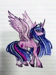 Size: 1536x2048 | Tagged: safe, artist:pyro-millie, derpibooru import, princess twilight 2.0, twilight sparkle, twilight sparkle (alicorn), alicorn, pony, the last problem, alternate design, colored, crown, curved horn, glasses, graph paper, grey hair, hooves, horn, jewelry, leg fluff, long mane, looking forward, older, older twilight, pen drawing, pen sketch, peytral, photo, regalia, silver, sketch, slim, solo, spread wings, striped mane, striped tail, tail, tall, traditional art, unshorn fetlocks, walking, wing fluff, wings