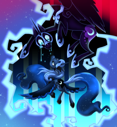 Size: 1000x1085 | Tagged: safe, artist:themiles, derpibooru import, nightmare moon, princess luna, alicorn, pony, abstract background, colored wings, crying, duality, ethereal mane, ethereal tail, female, flying, looking at each other, looking at someone, mare, poem in the description, rear view, tail, two toned wings, wide eyes, wings
