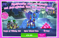 Size: 1964x1292 | Tagged: safe, derpibooru import, princess luna, alicorn, pony, robot, robot pony, advertisement, barn, bush, costs real money, english, female, gameloft, gem, mare, numbers, official, princess lunabot, roboticization, s1 luna, sale, solo, solo focus, spread wings, text, tree, wings