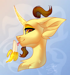 Size: 2812x3000 | Tagged: safe, artist:shinoshai, derpibooru import, oc, pony, unicorn, abstract background, banana, bust, commission, ear fluff, ears, facial hair, fluffy, food, gradient background, licking, looking at you, magic, portrait, signature, smiling, solo, telekinesis, tongue, tongue out