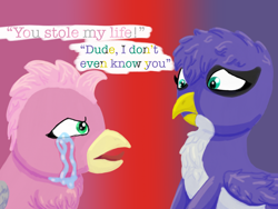 Size: 2048x1536 | Tagged: safe, artist:the crystal artist, derpibooru exclusive, derpibooru import, oc, oc only, oc:gamecube, oc:gumdrop, griffon, angry, confused, crying, dialogue, duo, female, gradient background, griffon oc, lineless, looking at each other, looking at someone, meeting, replacement, shading, shading practice, tears of anger, text, yelling