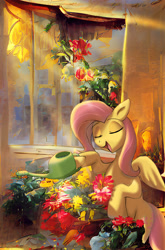 Size: 2271x3431 | Tagged: safe, artist:neoshrek, derpibooru import, machine learning assisted, fluttershy, pegasus, pony, eyes closed, flower, fluttershy's cottage, open mouth, open smile, smiling, solo, spread wings, watering can, wings