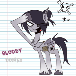 Size: 1379x1380 | Tagged: safe, artist:kysvil_xoxo, derpibooru import, oc, oc:bloody bones, bat pony, bat pony oc, cloven hooves, cross, inverted cross, jewelry, lined paper, necklace, open mouth, open smile, salute, satchel, skull and crossbones, smiling, stars