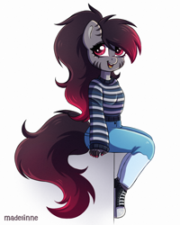 Size: 2000x2500 | Tagged: safe, artist:madelinne, derpibooru import, oc, oc only, oc:madelinne, anthro, anthro oc, boots, clothes, converse, cute, denim, happy, jeans, nails, pants, shoes, simple background, sitting, solo, sweater, white background