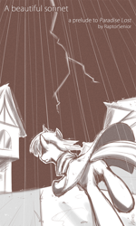 Size: 648x1080 | Tagged: safe, artist:derpiihooves, derpibooru import, oc, pony, unicorn, comic:a beautiful sonnet, 2012, cloak, clothes, comic, cover, lightning, male, monochrome, old art, rain, rear view, running, solo, stallion