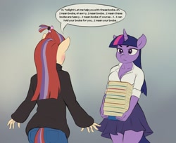 Size: 1658x1350 | Tagged: safe, artist:escapist, derpibooru import, moondancer, twilight sparkle, unicorn twilight, anthro, unicorn, blushing, book, breasts, carrying, cleavage, clothes, female, freudian slip, frown, gradient background, jeans, lesbian, looking at each other, mare, pants, reasonably sized breasts, rolled up sleeves, shirt, skirt, speech bubble, sweater, turtleneck, twilight is not amused, unamused