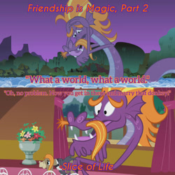 Size: 1920x1920 | Tagged: safe, derpibooru import, edit, edited screencap, editor:itsmgh1203, screencap, cranky doodle donkey, steven magnet, donkey, sea serpent, friendship is magic, season 1, season 5, slice of life (episode), duo, duo male, male, open mouth, open smile, ponyville town hall, smiling, text