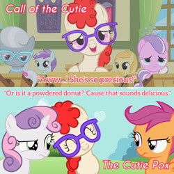 Size: 1920x1920 | Tagged: safe, derpibooru import, edit, edited screencap, editor:itsmgh1203, screencap, diamond tiara, scootaloo, silver spoon, sweetie belle, twist, earth pony, pegasus, pony, unicorn, call of the cutie, season 1, season 2, the cutie pox, ^^, eyes closed, female, filly, foal, glasses, open mouth, open smile, ponyville schoolhouse, smiling, text