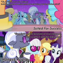 Size: 1920x1920 | Tagged: safe, derpibooru import, edit, edited screencap, editor:itsmgh1203, screencap, amethyst star, applejack, cloud kicker, coco crusoe, doctor whooves, hoity toity, lemon hearts, lyra heartstrings, merry may, midnight fun, minuette, photo finish, pinkie pie, press pass, press release (character), pretty vision, rarity, sea swirl, seafoam, sparkler, earth pony, pony, unicorn, honest apple, season 1, season 7, suited for success, :o, applejack's hat, clothes, cowboy hat, dress, elise, eyes closed, female, hat, male, mare, night, offscreen character, open mouth, open smile, smiling, stallion, text