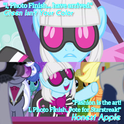 Size: 1920x1920 | Tagged: safe, derpibooru import, edit, edited screencap, editor:itsmgh1203, screencap, applejack, hoity toity, inky rose, photo finish, starstreak, earth pony, pony, green isn't your color, honest apple, season 1, season 7, applejack's hat, carousel boutique, clothes, cowboy hat, female, hat, male, mare, open mouth, open smile, smiling, stallion, text