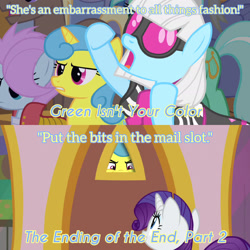 Size: 1920x1920 | Tagged: safe, derpibooru import, edit, edited screencap, editor:itsmgh1203, screencap, coco crusoe, lemon hearts, lyra heartstrings, photo finish, rarity, soigne folio, earth pony, pegasus, pony, green isn't your color, season 1, season 9, the ending of the end, spoiler:s09, female, mare, open mouth, text