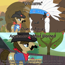 Size: 1920x1920 | Tagged: safe, derpibooru import, edit, edited screencap, editor:itsmgh1203, screencap, chief thunderhooves, sheriff silverstar, buffalo, earth pony, pony, appleoosa's most wanted, over a barrel, season 1, season 5, cowboy hat, hat, male, open mouth, stallion, text