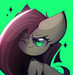 Size: 1950x2000 | Tagged: safe, artist:miryelis, derpibooru import, fluttershy, pegasus, pony, big ears, bust, ears, glowing, green background, green eyes, long hair, looking at you, one eye closed, signature, simple background, smiling, smiling at you, solo, wink