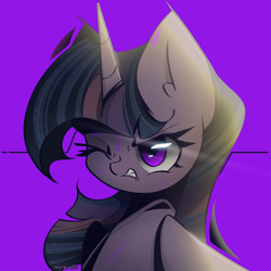 Size: 2000x2000 | Tagged: safe, artist:miryelis, derpibooru import, twilight sparkle, alicorn, pony, angry, bust, glowing, gritted teeth, horn, one eye closed, purple background, purple eyes, signature, simple background, solo, teeth, wings