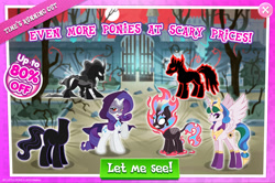 Size: 1962x1304 | Tagged: safe, derpibooru import, idw, autumn blaze, pony of shadows, princess celestia, rarity, smudge (character), the headless horse (character), alicorn, headless horse, kirin, nirik, pony, unicorn, reflections, blank eyes, cloak, cloaked, clothes, crown, curved horn, dark magic, darkness, doctor doomity, evil celestia, evil counterpart, female, fire, gameloft, glowing, glowing eyes, headless, hood, horn, idw showified, jewelry, magic, male, mane of fire, mare, mask, mirror universe, official, red eyes, regalia, shadow, spread wings, stallion, tree, tyrant celestia, wings