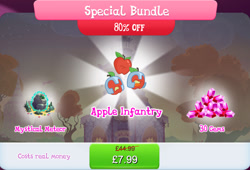 Size: 1266x862 | Tagged: safe, derpibooru import, idw, living apple, apple, bundle, costs real money, english, food, gameloft, gem, helmet, idw showified, leaf, magic, magic aura, meteor, numbers, official, sale, text, tongue, tongue out, trio