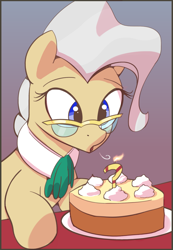 Size: 2077x3000 | Tagged: safe, artist:vultraz, derpibooru import, ponerpics import, mayor mare, earth pony, pony, birthday, birthday cake, blowing, cake, candle, female, food, glasses, gradient background, mare, open mouth, question mark, simple background, solo