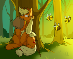 Size: 3480x2808 | Tagged: safe, artist:rico_chan, derpibooru import, applejack, bee, earth pony, insect, pony, food, forest, honey, huevember, nervous, sketch, solo, tree