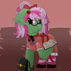 Size: 3000x3000 | Tagged: safe, artist:spiroudada, derpibooru import, oc, oc only, oc:bubble storm, earth pony, pony, book, bow, clothes, crossdressing, cute, dress, male, princess, purse, school uniform, schoolgirl, socks, solo, stallion, striped socks