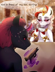 Size: 1427x1870 | Tagged: safe, artist:eydanpark, artist:kwiateko, derpibooru import, oc, unicorn, dinner, food, gun, horn, jewelry, magic, multicolored hair, table, tea, weapon