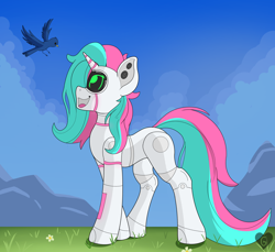 Size: 2446x2244 | Tagged: safe, artist:gnashie, derpibooru import, oc, oc only, oc:cyber rose, bird, pony, robot, robot pony, unicorn, cloud, grass, happy, horn, light, looking up, mountain, open mouth, screen, sky, unicorn oc