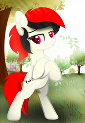 Size: 3894x5673 | Tagged: safe, artist:fededash, derpibooru import, oc, oc only, oc:lightingflare, earth pony, pony, bipedal, crepuscular rays, house, looking at you, tree