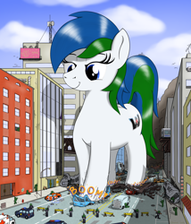 Size: 2314x2698 | Tagged: safe, artist:qkersnll, derpibooru import, oc, oc:western star, earth pony, pony, crushing, destruction, female, giant pony, giantess, high res, macro, smiling, solo, walking