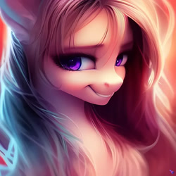 Size: 1024x1024 | Tagged: safe, derpibooru import, generator:purplesmart.ai, generator:stable diffusion, machine learning generated, oc, earth pony, pony, cute, eyebrows, eyelashes, female, looking to side, looking to the left, mare, messy mane, purple eyes, smiling, solo, unnamed oc, watermark