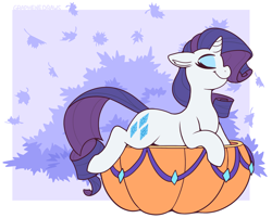 Size: 2550x2050 | Tagged: safe, artist:graphene, derpibooru import, part of a set, rarity, pony, unicorn, ears, eyes closed, female, floppy ears, horn, leaves, lying down, mare, prone, pumpkin, signature, smiling, solo