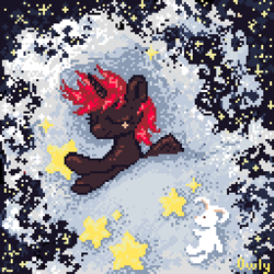 Size: 384x384 | Tagged: safe, artist:alex g, derpibooru import, oc, oc:hardy, alicorn, pony, rabbit, animal, pixel art, sleeping, solo, stars