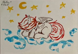 Size: 3827x2654 | Tagged: safe, artist:shalfey, derpibooru import, oc, oc:hardy, alicorn, pony, cloud, on a cloud, sleeping, solo, traditional art