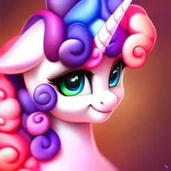 Size: 1024x1024 | Tagged: safe, derpibooru import, generator:purplesmart.ai, generator:stable diffusion, machine learning generated, sweetie belle, pony, unicorn, cute, eyelashes, female, looking to side, looking to the right, mare, smiling, solo, watermark