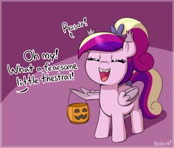 Size: 2576x2184 | Tagged: safe, artist:heretichesh, derpibooru import, princess cadance, bat pony, pegasus, pony, clothes, costume, cute, cutedance, eyes closed, fake fangs, fangs, female, filly, filly cadance, foal, halloween, holiday, nightmare night costume, offscreen character, one wing out, open mouth, open smile, pegasus cadance, pumpkin bucket, signature, smiling, solo, trick or treat, wings, younger