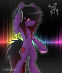 Size: 2139x2524 | Tagged: safe, artist:zeffdakilla, derpibooru import, oc, oc only, oc:frankie fang, pegasus, pony, abstract background, bipedal, black hair, black mane, emo, headphones, ipod, looking to side, male, ponysona, purple fur, scene, scene kid, skull, solo, standing