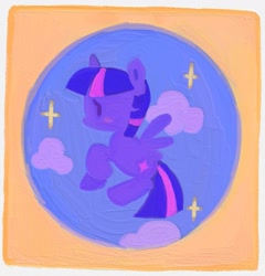 Size: 1287x1338 | Tagged: safe, artist:shugrcube, derpibooru import, twilight sparkle, twilight sparkle (alicorn), alicorn, pony, cloud, female, mare, smiling, solo, spread wings, stars, wings