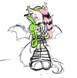 Size: 991x1009 | Tagged: safe, artist:shugrcube, derpibooru import, fluttershy, anthro, bat pony, antonymph, bat ponified, boots, cellphone, clothes, ear piercing, earring, emo, eyeshadow, flip phone, flutterbat, fluttgirshy, gir, hoodie, jewelry, lidded eyes, looking down, makeup, phone, piercing, race swap, shirt, shoes, simple background, skirt, solo, traditional art, vylet pony, white background