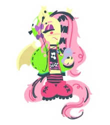 Size: 679x773 | Tagged: safe, artist:shugrcube, derpibooru import, fluttershy, anthro, bat pony, antonymph, bat ponified, boots, cellphone, clothes, ear piercing, earbuds, earring, emo, eyeshadow, flip phone, flutterbat, fluttgirshy, frown, gir, hoodie, jewelry, lidded eyes, looking down, makeup, phone, piercing, race swap, ring, shirt, shoes, simple background, skirt, solo, vylet pony, white background