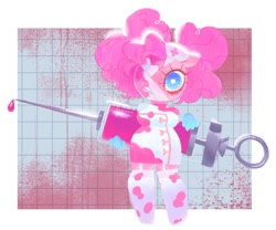 Size: 964x801 | Tagged: safe, artist:shugrcube, derpibooru import, pinkie pie, anthro, earth pony, unguligrade anthro, bandage, blood, clothes, costume, dress, female, garter belt, gloves, halloween, halloween costume, hat, holiday, looking at you, needle, nurse hat, nurse outfit, one eye covered, solo, stockings, syringe, thigh highs