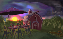 Size: 2423x1499 | Tagged: safe, artist:ciborgen, derpibooru import, balloon, barn, glass, implied pinkie pie, lightning, no pony, rainbow, scenery, sunset, sweet apple acres, table, wine glass