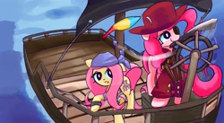 Size: 1821x1000 | Tagged: safe, artist:solid shrimp, derpibooru import, fluttershy, pinkie pie, earth pony, pegasus, pony, boat, clothes, coat, headband, pinktober, pirate, sailing, sword, water, weapon