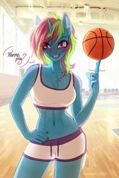 Size: 2480x3700 | Tagged: safe, artist:fenwaru, derpibooru import, oc, oc only, anthro, unicorn, basketball, clothes, female, gymnasium, hand on hip, not rainbow dash, shorts, solo, sports, sports bra, sports shorts