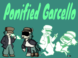 Size: 1117x836 | Tagged: safe, artist:joelleart13, derpibooru import, earth pony, ghost, ghost pony, human, pony, undead, beard, clothes, crossover, facial hair, friday night funkin', garcello, gloves, hat, male, pants, ponified, shoes, smoke, smoking, stallion, sweater, text
