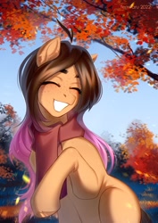 Size: 2480x3507 | Tagged: safe, artist:fenwaru, derpibooru import, oc, oc only, earth pony, pony, autumn, clothes, eyes closed, scarf, smiling, solo